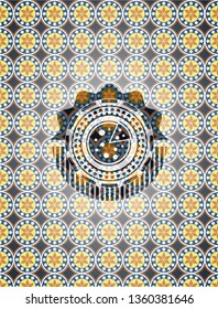 pizza icon inside arabesque badge background. arabic decoration.