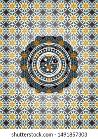 pizza icon inside arabesque emblem background. arabic decoration.