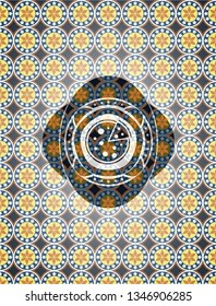 pizza icon inside arabesque style badge. arabic decoration.