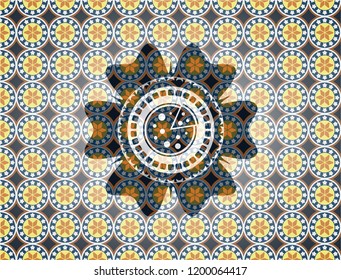 pizza icon inside arabic badge background. Arabesque decoration.