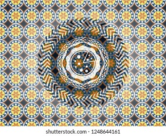 pizza icon inside arabic badge. Arabesque decoration.