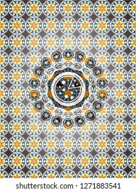 pizza icon inside arabic emblem background. Arabesque decoration.