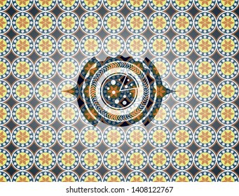 pizza icon inside arabic emblem. Arabesque decoration.