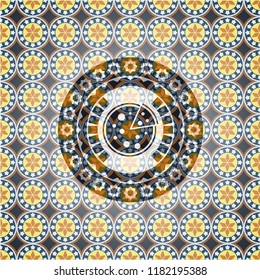 pizza icon inside arabic style emblem. Arabesque decoration.