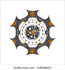 pizza icon inside arabic style badge. Arabesque decoration.