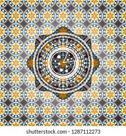 pizza icon inside arabic style emblem. Arabesque decoration.
