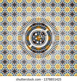 pizza icon inside arabic style emblem. Arabesque decoration.