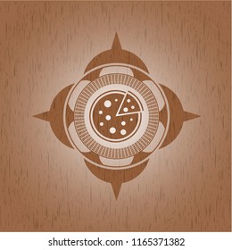 pizza icon inside badge with wooden background