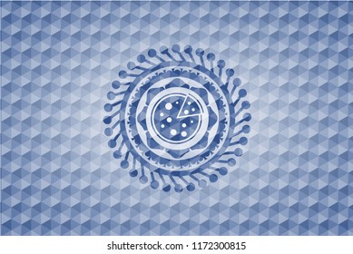 pizza icon inside blue emblem or badge with abstract geometric pattern background.