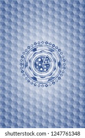 pizza icon inside blue emblem with geometric background.
