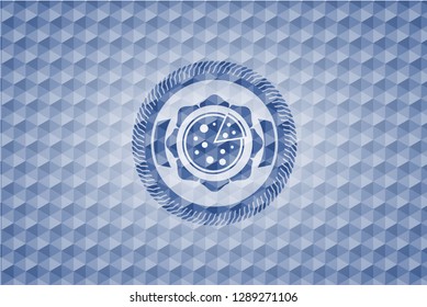 pizza icon inside blue emblem with geometric pattern background.