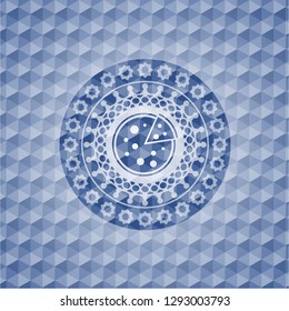 pizza icon inside blue emblem with geometric pattern.