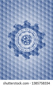 pizza icon inside blue emblem with geometric background.