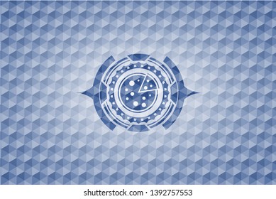 pizza icon inside blue emblem with geometric pattern background.