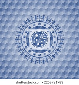 pizza icon inside blue emblem with geometric pattern background. 