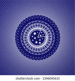pizza icon inside emblem with denim texture