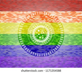 pizza icon inside emblem on mosaic background with the colors of the LGBT flag