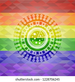 pizza icon inside emblem on mosaic background with the colors of the LGBT flag