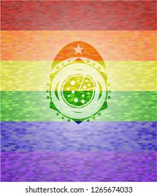 pizza icon inside emblem on mosaic background with the colors of the LGBT flag