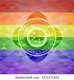 pizza icon inside emblem on mosaic background with the colors of the LGBT flag