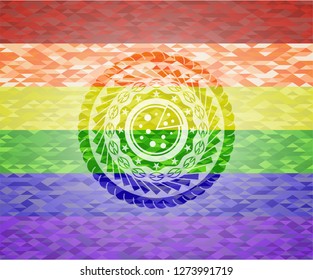 pizza icon inside emblem on mosaic background with the colors of the LGBT flag