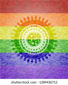 pizza icon inside emblem on mosaic background with the colors of the LGBT flag