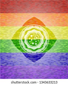 pizza icon inside emblem on mosaic background with the colors of the LGBT flag