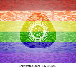 pizza icon inside emblem on mosaic background with the colors of the LGBT flag