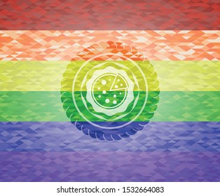 pizza icon inside emblem on mosaic background with the colors of the LGBT flag