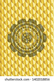 pizza icon inside gold badge or emblem. Scales pattern. Vector Illustration. Detailed.