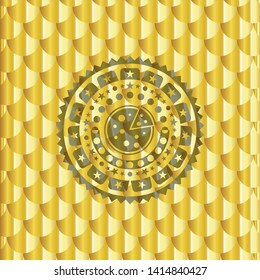 pizza icon inside gold emblem or badge. Scales pattern. Vector Illustration. Detailed.