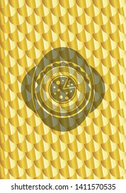 pizza icon inside gold shiny badge. Scales pattern. Vector Illustration. Detailed.