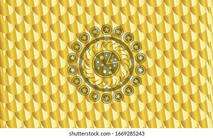 pizza icon inside gold shiny emblem. Scales pattern. Vector Illustration. Detailed.
