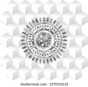 pizza icon inside grey badge with geometric cube white background