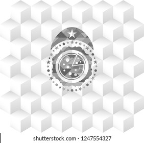 pizza icon inside grey icon or emblem with geometric cube white background