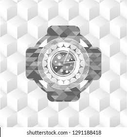 pizza icon inside grey emblem with geometric cube white background