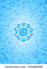 pizza icon inside light blue emblem. Mosaic background