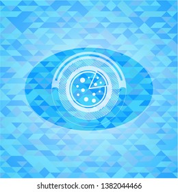 pizza icon inside light blue emblem with triangle mosaic background