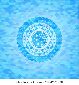 pizza icon inside light blue emblem. Mosaic background
