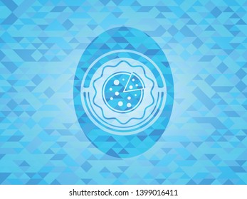 pizza icon inside light blue emblem. Mosaic background