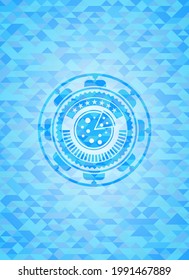 pizza icon inside light blue emblem with mosaic ecological style background. 