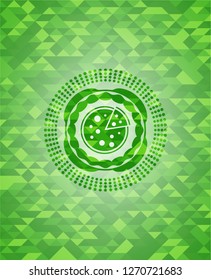 pizza icon inside realistic green mosaic emblem