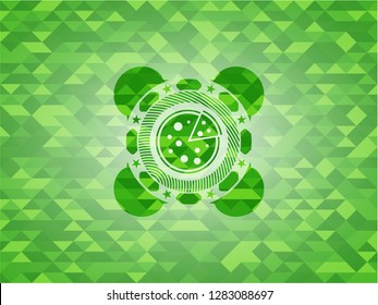 pizza icon inside realistic green emblem. Mosaic background
