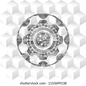 pizza icon inside realistic grey emblem with cube white background