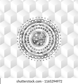 pizza icon inside realistic grey emblem with geometric cube white background