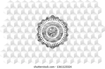 pizza icon inside realistic grey emblem with geometric cube white background