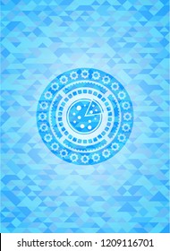 pizza icon inside realistic sky blue emblem. Mosaic background