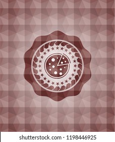 pizza icon inside red emblem with geometric background. Seamless.