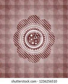 pizza icon inside red emblem or badge with geometric pattern background. Seamless.
