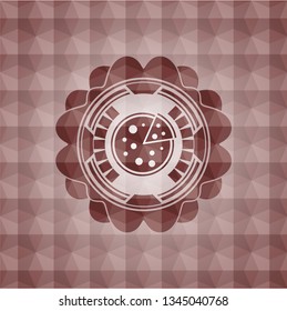 pizza icon inside red emblem or badge with geometric pattern background. Seamless.